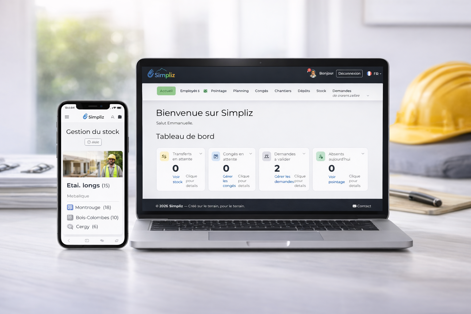 Interface du logiciel BTP Simpliz sur ordinateur et smartphone
